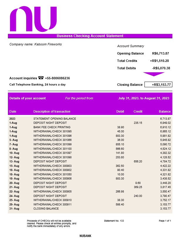 Modèle Word et PDF de relevé de compte courant d'entreprise Nubank